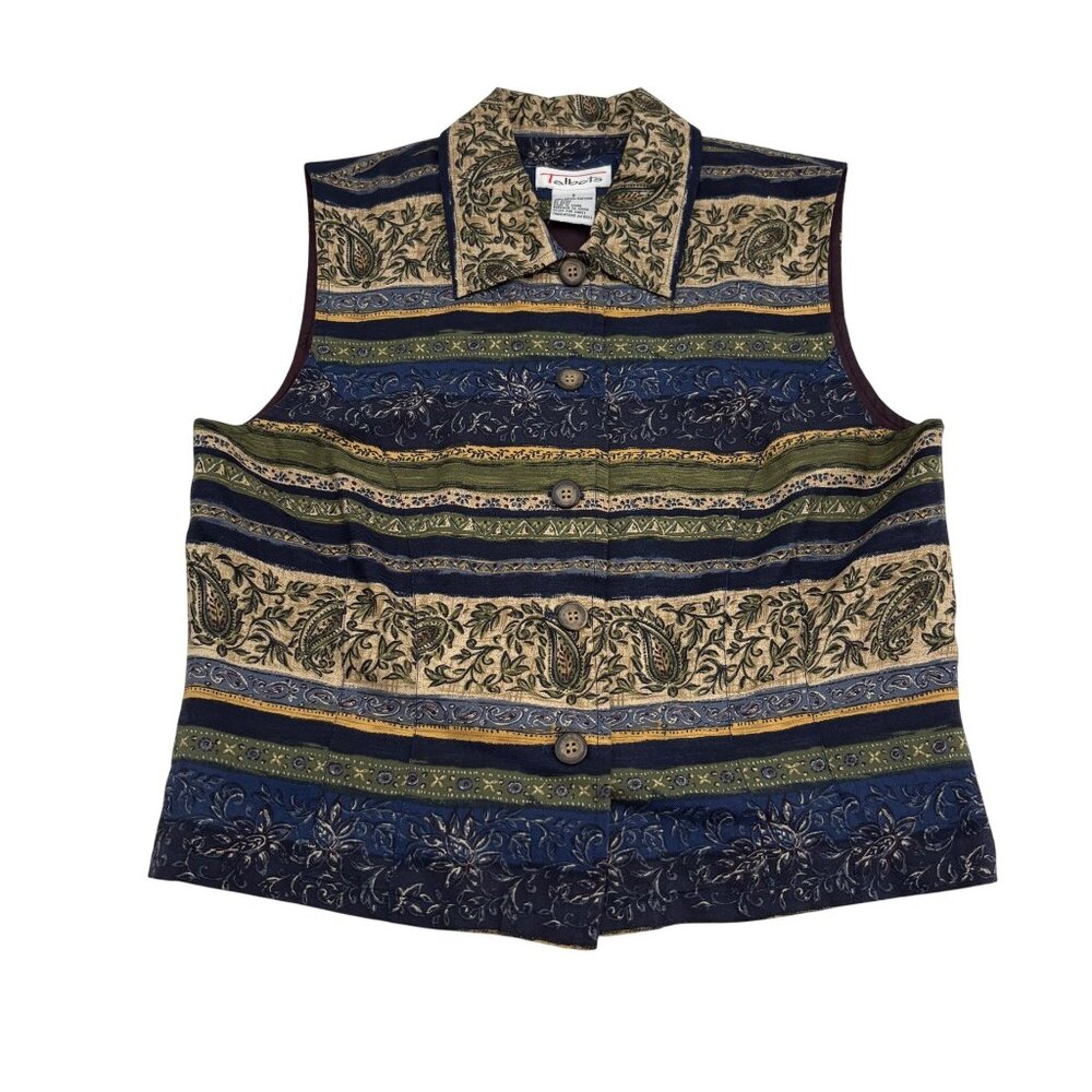 Talbots Womens Striped Paisley Vest Size S Button Front Sleeveless Collared